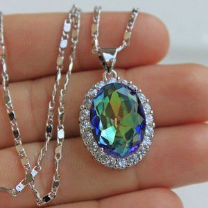 18K White Gold Filled Large Mystic Blue Diamond Zircon Pendant Necklace 8.76ctw
